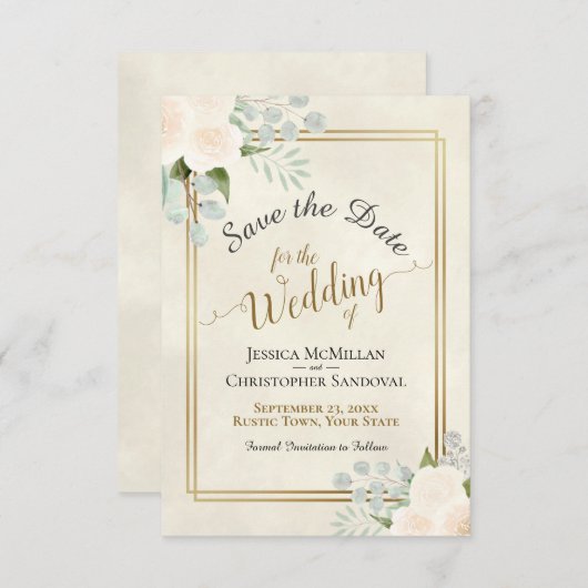 Save The Date Roses blancs ou Pêche et Mariage Eucalyptus Boho (Devant / Derrière)