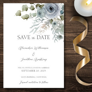 Save The Date Roses Bleu Poussiéreux sur Mariage Blanc
