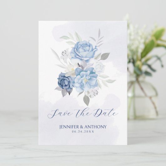Save The Date Roses bleues et blanches douces (Debout devant)