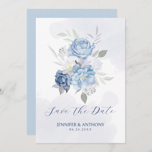 Save The Date Roses bleues et blanches douces (Devant / Derrière)