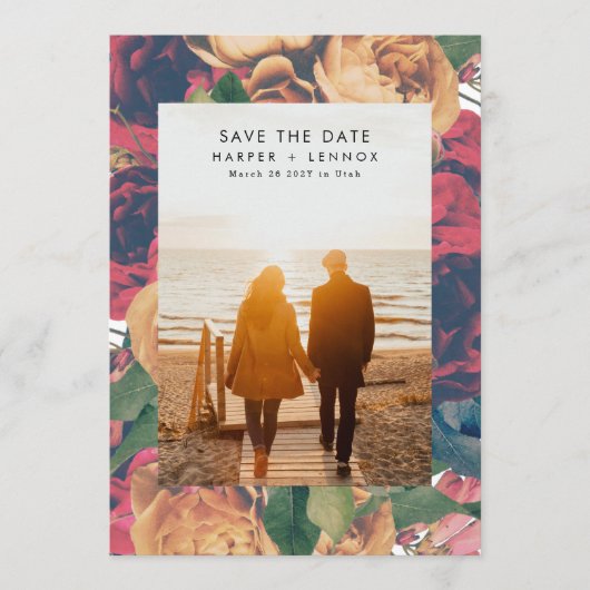 Save The Date Roses Boho Moderne Editable Photo Enregistrer La D (Devant)