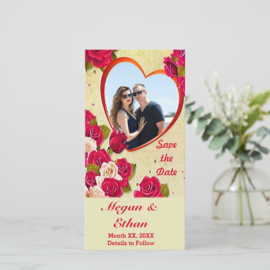 Save The Date Roses et cadre cardiaque Enregistrer la date Photo (Debout devant)