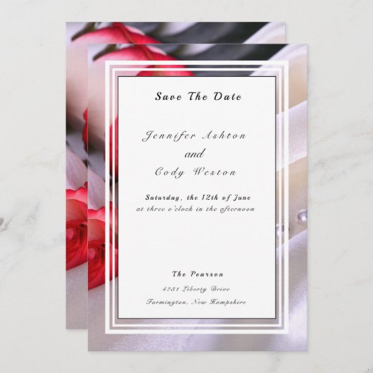 Save The Date Roses et perles roux Rose Mariage de crème rouge (Devant / Derrière)