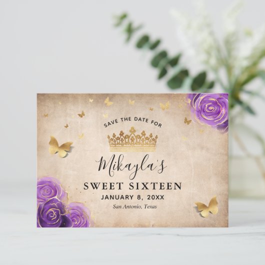 Save The Date Roses Lavande Pourpre et Or Élégantes (Debout devant)