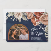 Save The Date Roses orange brûlé Terracotta Floral Navy Mariage (Devant)