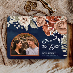 Save The Date Roses orange brûlé Terracotta Floral Navy Mariage