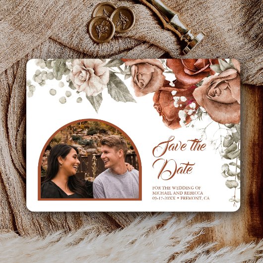Save The Date Roses orange brûlés Terracotta Floral Mariage Phot