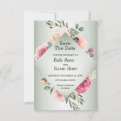 Save The Date Roses pêche rose Géométrique vert rustique (Devant)