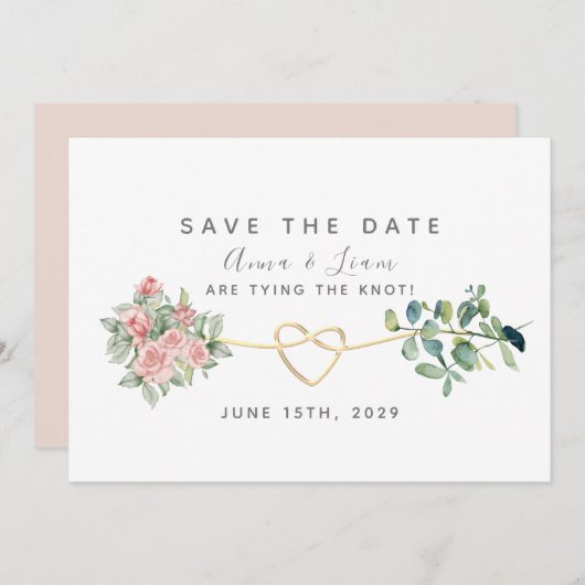 Save The Date Roses rose pâle et Mariage vert (Devant / Derrière)