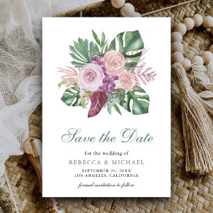 Save The Date Roses Rose Poussiéreux Monstera Tropical Mariage