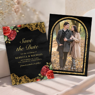 Save The Date Roses Rouges Broderie Or Noir Photo Mariage