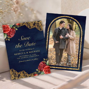 Save The Date Roses Rouges Dentelle Or Bleu Nuit Photo Mariage