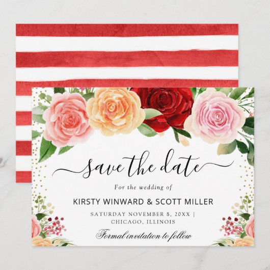 Save The Date Roses Rouges et Oranges Fleurs d'Été Mariage (Devant / Derrière)