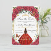 Save The Date Roses Rouges Fleurs Gown Gold Butterfly Quinceañer (Debout devant)