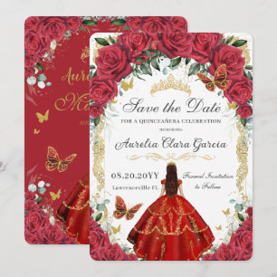 Save The Date Roses Rouges Fleurs Gown Gold Butterfly Quinceañer
