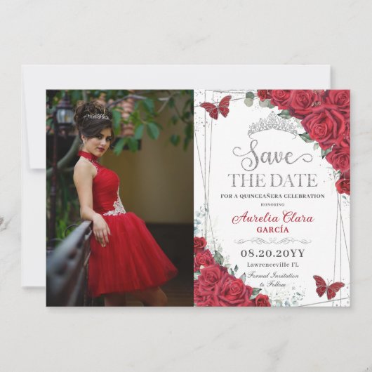 Save The Date Roses rouges Papillons en argent Quinceanera Sweet (Devant)