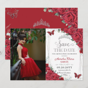 Save The Date Roses rouges Papillons en argent Quinceanera Sweet