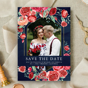Save The Date Roses Rouges Photo Florale Mariage Bleu Nuit