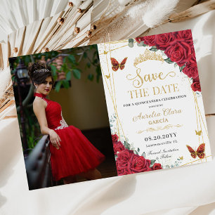 Save The Date Roses rouges Sweet sixteen de papillons d'or