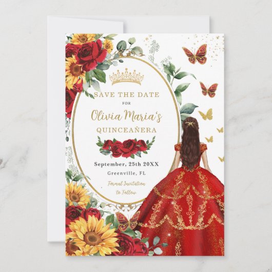 Save The Date Roses rouges Tournesol Princesse Or Quinceañera (Devant)