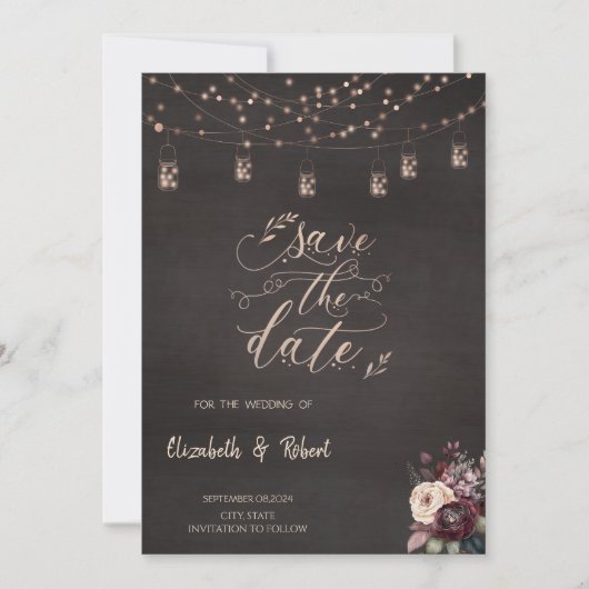 Save The Date Roses Rustic String Lights Enregistrer La Date (Devant)