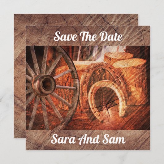 Save The Date Roue en Wagon Rustique Horseshoes Style Occidental (Devant / Derrière)