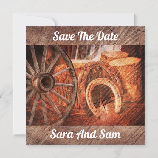 Save The Date Roue en Wagon Rustique Horseshoes Style Occidental (Devant)