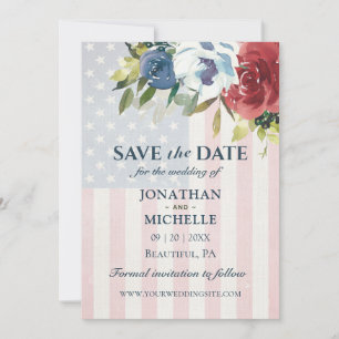 Save The Date Rouge Blanc Bleu Floral USA Drapeau Aquarelle Mari