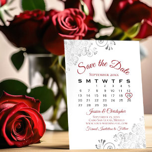 Save The Date Rouge & Blanc Simple Élégant Calendrier de mariage
