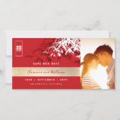 Save The Date Rouge Blanc Zen Bamboo Feuille Photo Mariage chino (Devant)