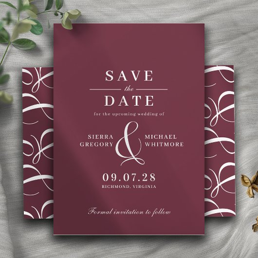 Save The Date Rouge Bordeaux | Maroon romantique Typographie Vin