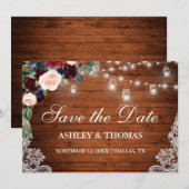 Save The Date Rouge Bourgogne Bleu Lumières Florales Dentelle Bo (Devant / Derrière)