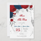 Save The Date rouge et bleu marine fleurs argent (Devant)