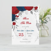Save The Date rouge et bleu marine fleurs argent (Debout devant)