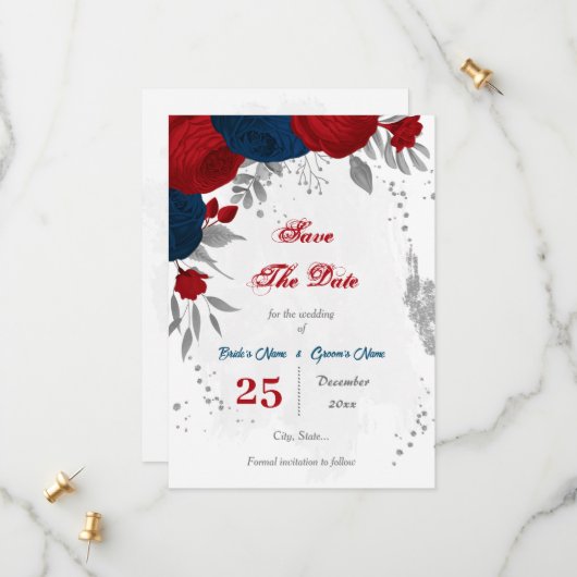 Save The Date rouge et bleu marine fleurs argent (Devant/Arrière en situation)