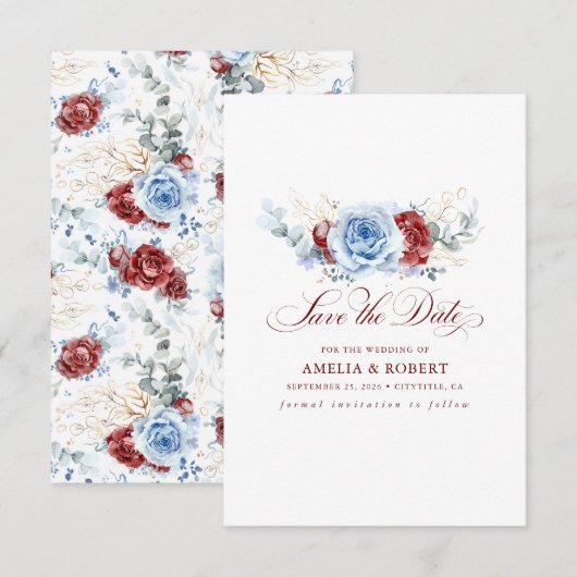 Save The Date Rouge et Bleu Poussiéreux Floral Enregistrer la Da (Devant / Derrière)