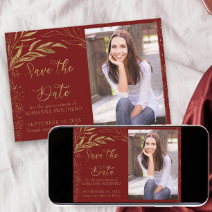 Save The Date Rouge et feuille d'or avec calligraphie et photo
