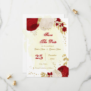 Save The Date rouge foncé & fleurs blanches or botanique
