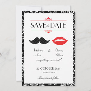 Save The Date Rouge, Noir & Moustache et Lèvres Mariage Damassé