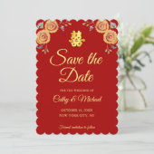 Save The Date Rouge orange floral chinois mariage double bonheur (Debout devant)