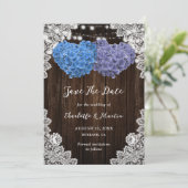 Save The Date Rouge Rustique Bleu Bois Lumières Dentelle Mariage (Debout devant)