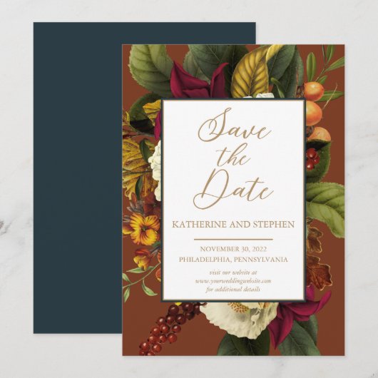 Save The Date Rouge rustique | Orange Floral Bouquet Turquoise (Devant / Derrière)