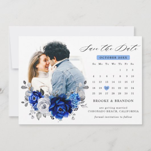 Save The Date Royal Bleu Blanc Argent Métallique Calendrier flor (Devant)