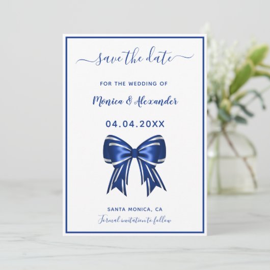 Save The Date Royal bleu blanc élégant mariage archet Enregistre (Debout devant)