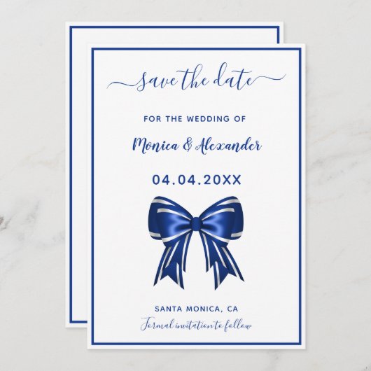Save The Date Royal bleu blanc élégant mariage archet Enregistre (Devant / Derrière)