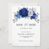 Save The Date Royal Bleu Blanc Métallique Argent Floral (Devant)