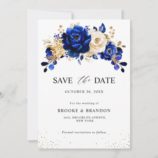 Save The Date Royal Bleu Jaune Or Mariage métallique Floral (Devant)