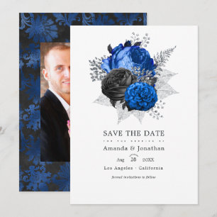 Save The Date Royal Blue, Black and Silver Floral Mariage Photo