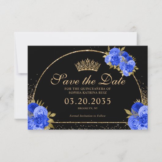 Save The Date Royal Blue Black Gold Parties scintillant Floral Q (Devant)