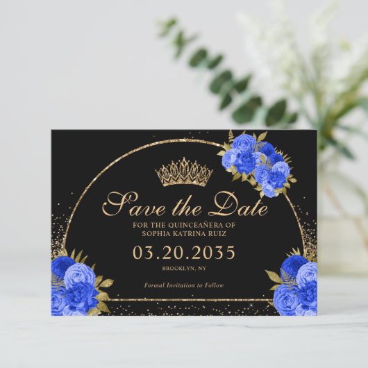 Save The Date Royal Blue Black Gold Parties scintillant Floral Q (Debout devant)